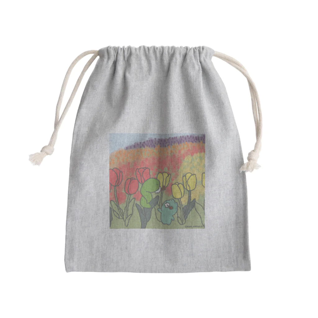 シガーアニマルズのチューリップ畑のかえるとへび Mini Drawstring Bag