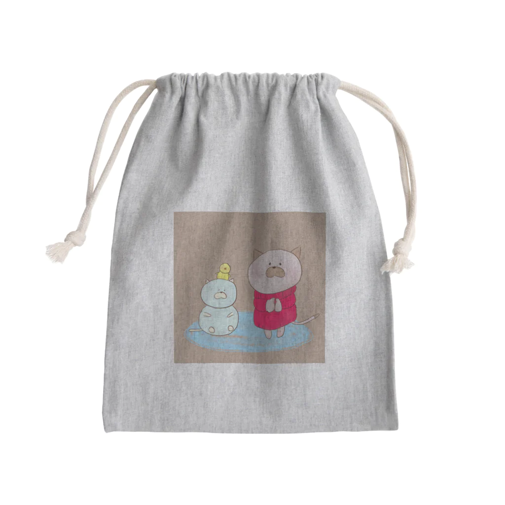 Techi-techiの冬の日 ねこだるまちゃんと Mini Drawstring Bag