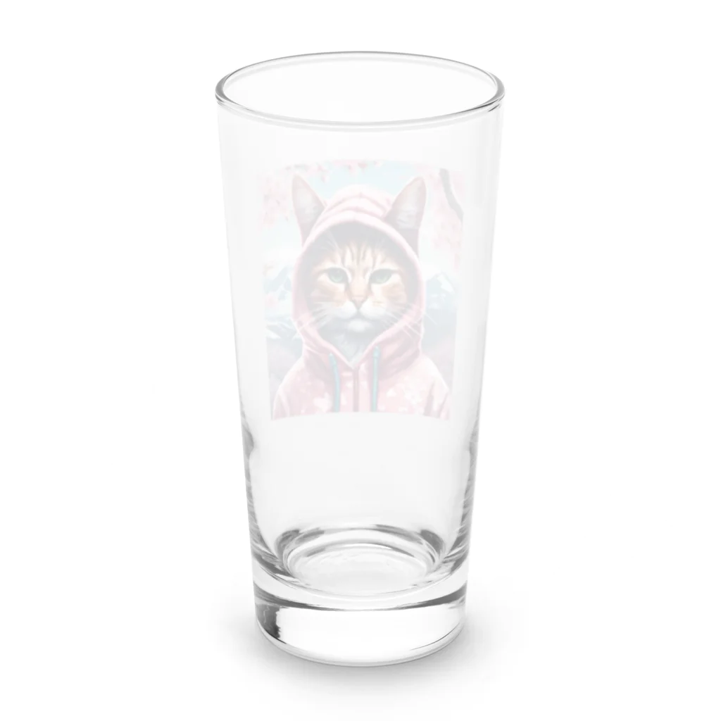 オシャンな動物達^_^の桜舞うなかオシャン猫 Long Sized Water Glass :back