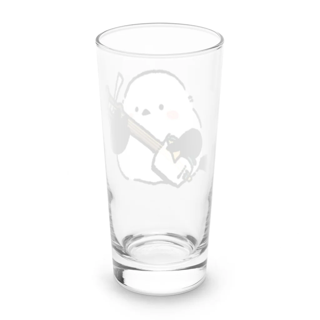 津軽三味線などの三味線を弾くシマエナガ Long Sized Water Glass :back