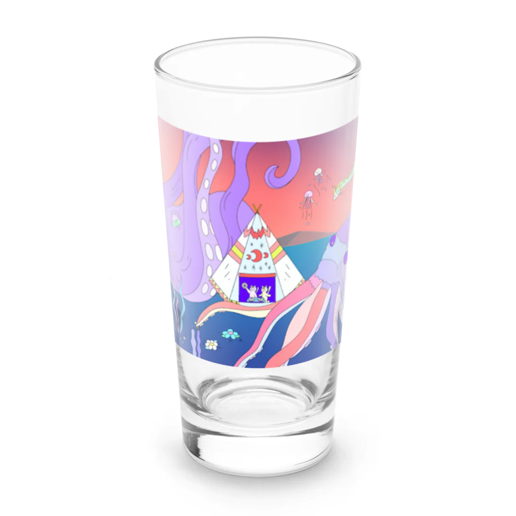 宇宙キャンプの深海でDJするねこ、タコとイカ、クラゲ、リュウグウノツカイ Long Sized Water Glass :front