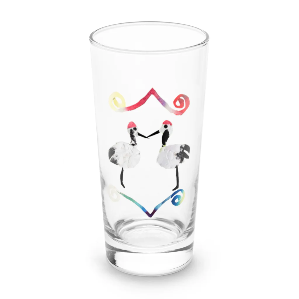 【全盲の絵描き】オバケのタムタムの2匹の鶴とアイヌ文様【全盲の絵描き】 Long Sized Water Glass :front