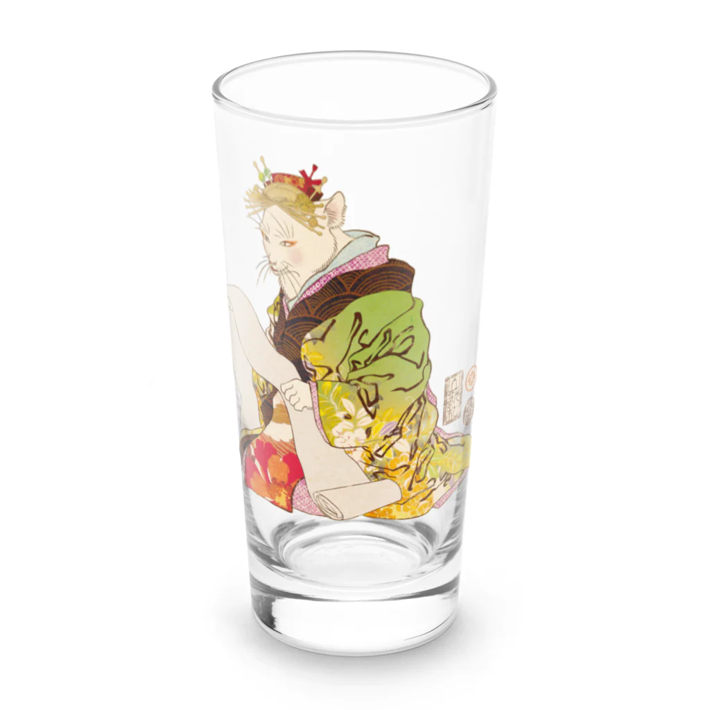 山歌和樂陽 浮世絵　Yamakawa Rakuyou UKIYOEの猫花魁　Neko Oiran　お手紙書く前 Long Sized Water Glass :front