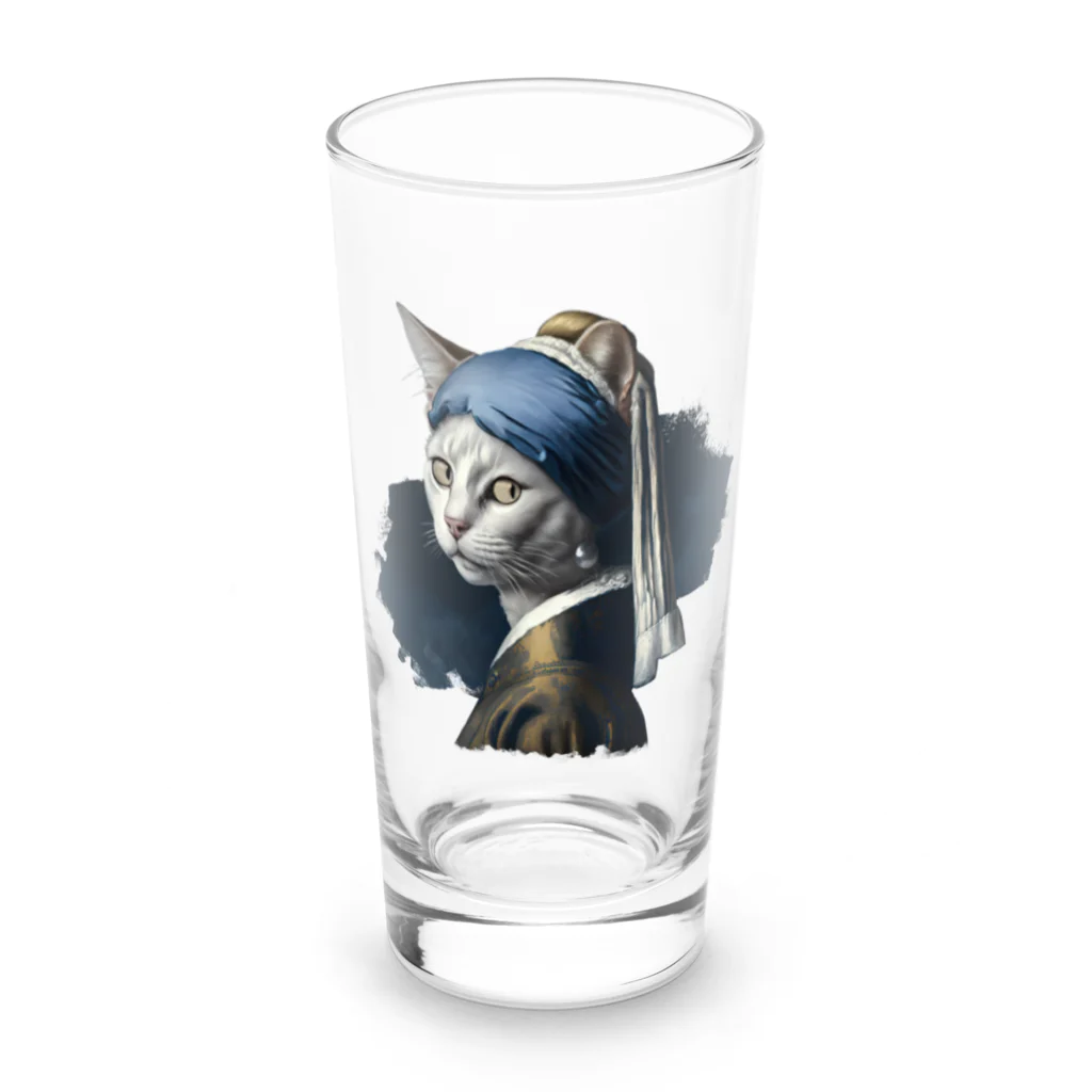 Hamidusのパールイヤリングをした猫- Vermeerの笑える絵画 Long Sized Water Glass :front