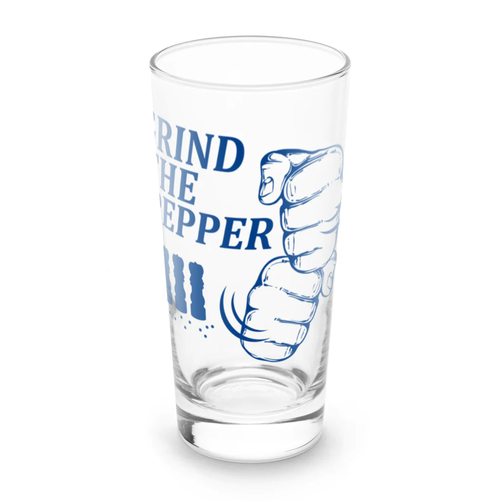 オノマトピアのペッパーミル・パフォーマンス(GRIND THE PEPPER)胡椒挽き・文字ブルー Long Sized Water Glass :front