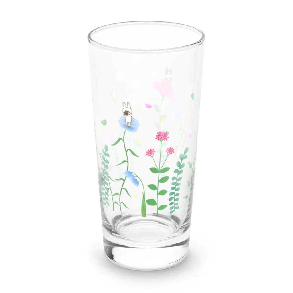 カワラリマーの花畑で春風と遊ぶ仲良しトリオたち Long Sized Water Glass :front