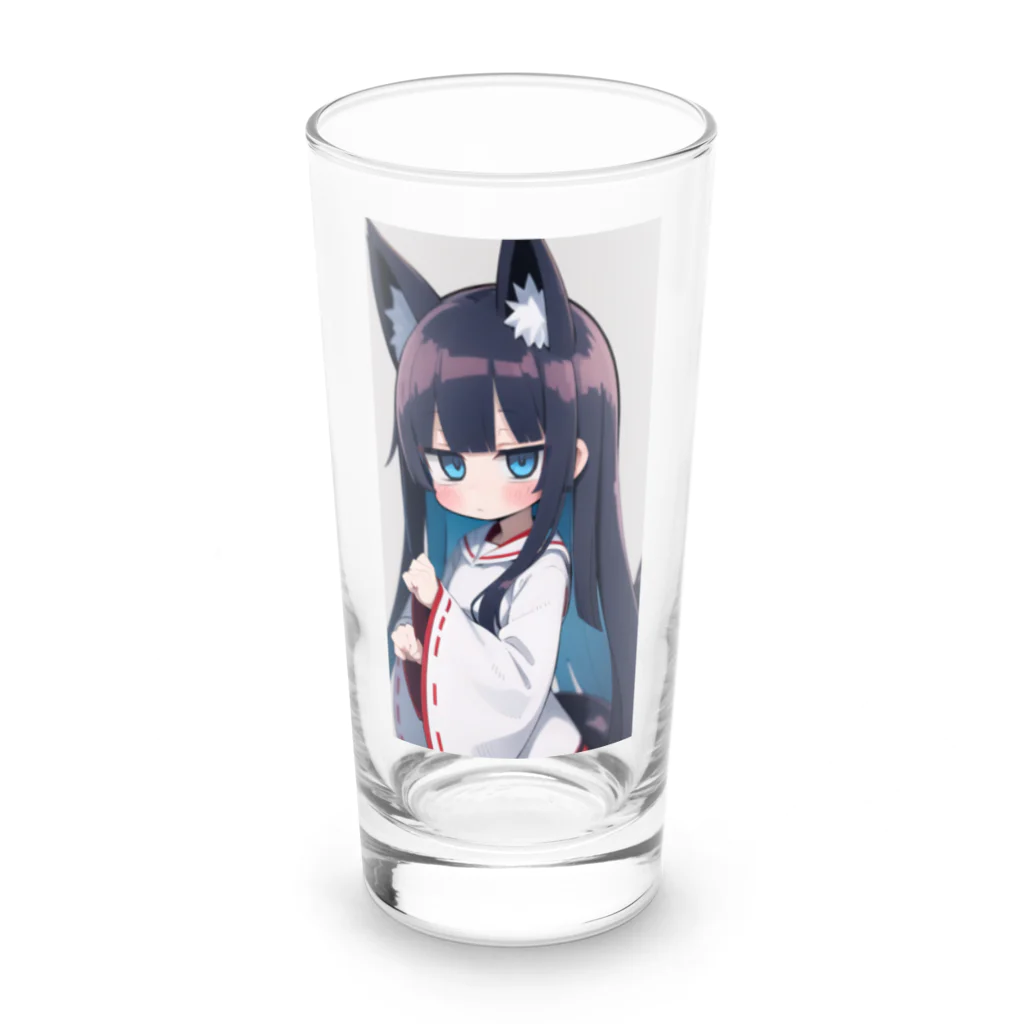 ケモ耳美少女キツネちゃん（AIart）の紺色の髪のキツネの女の子 Long Sized Water Glass :front