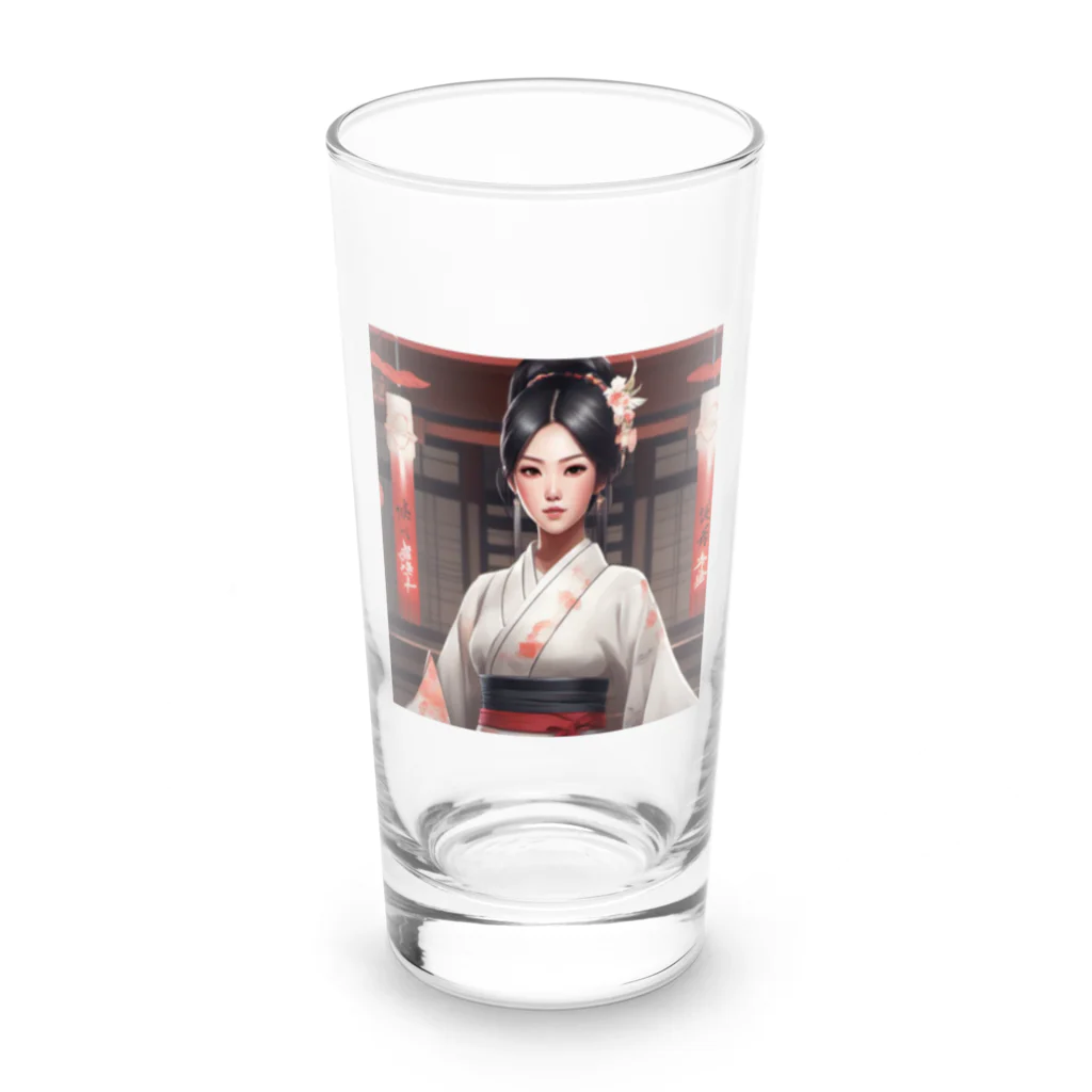 ワンダーワールド・ワンストップの黒髪の美しいポニーテール姿の巫女さん Long Sized Water Glass :front