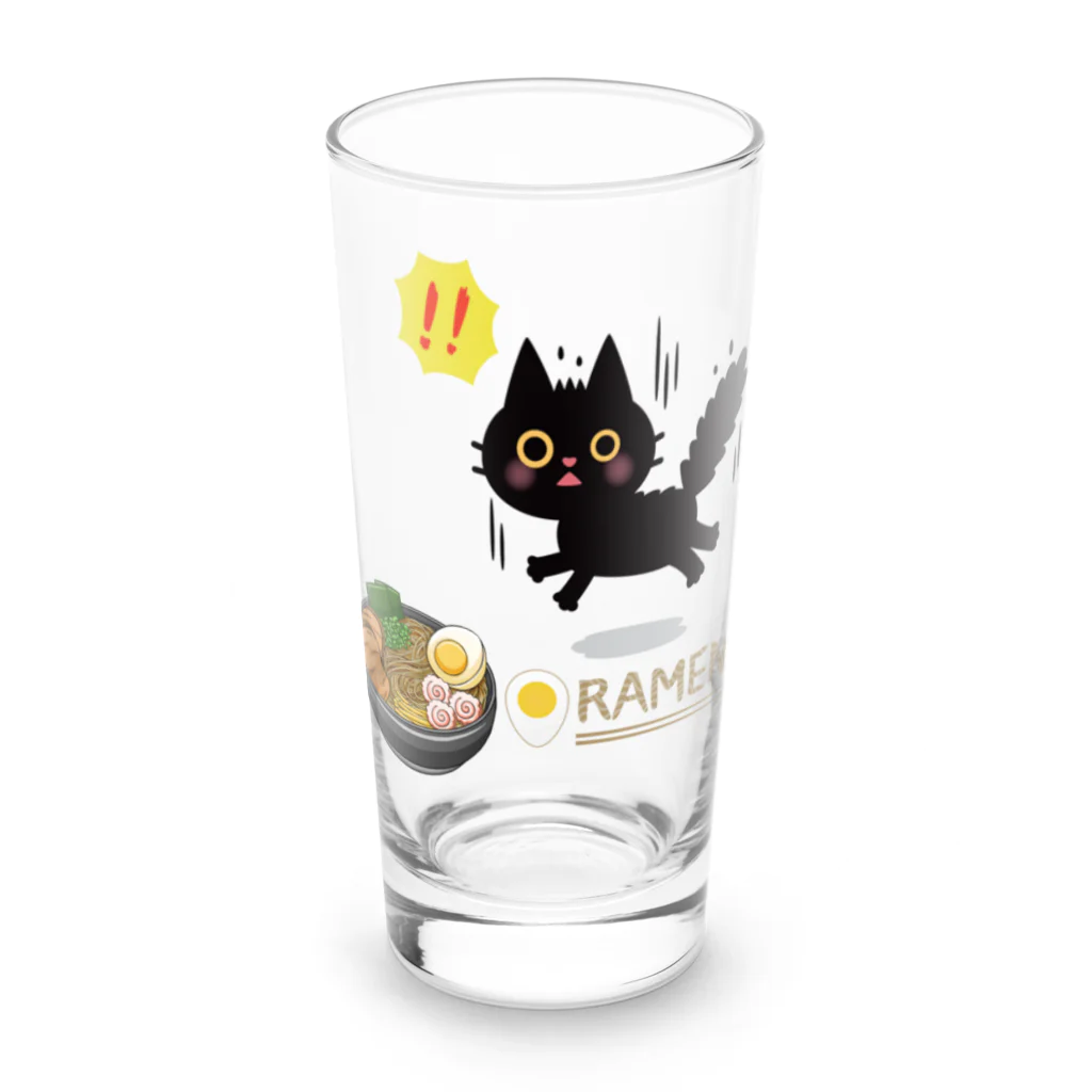 MirofuruDesignのラーメンが大好きな黒猫がラーメンを見つけて驚いている ロンググラス前面