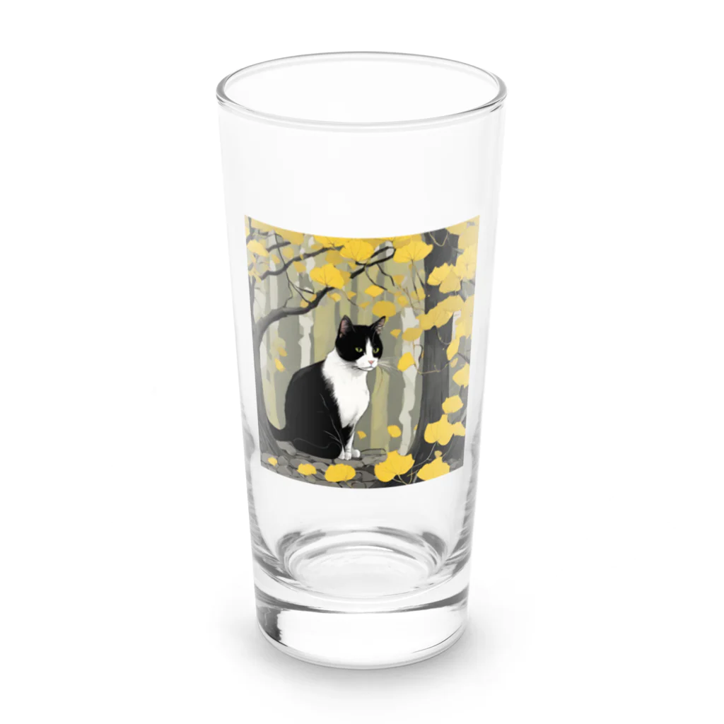 capcat1919のハチワレ白黒猫とイチョウ Long Sized Water Glass :front
