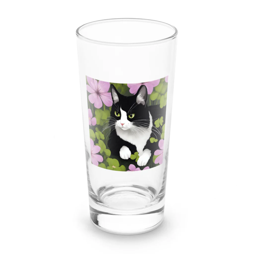 capcat1919のハチワレ白黒猫とオキザリス Long Sized Water Glass :front