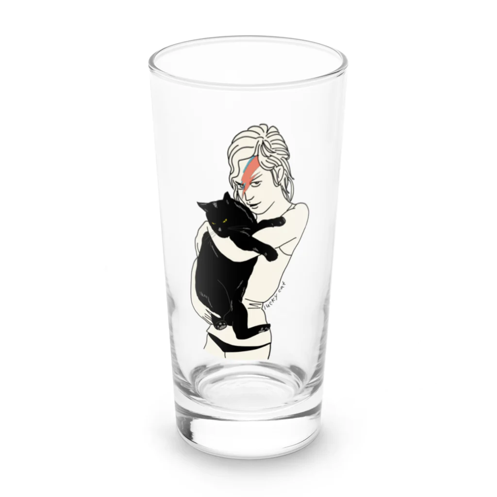 小鳥と映画館のイナズマメイクの女性と黒猫 Long Sized Water Glass :front