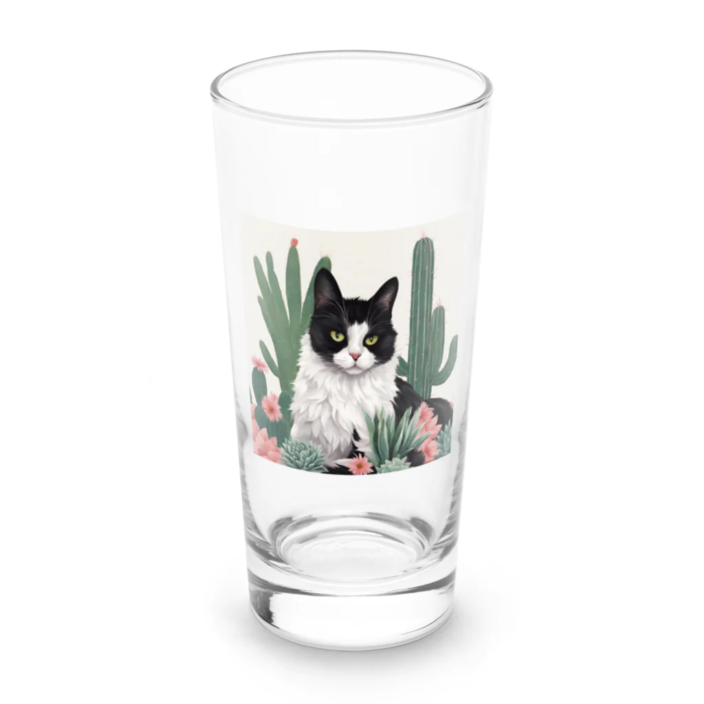 capcat1919のハチワレ白黒猫とサボテン Long Sized Water Glass :front