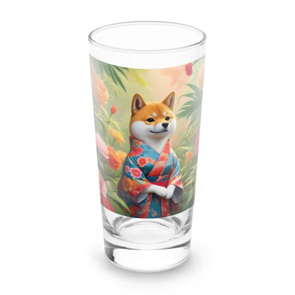 ポンキチはうすの花に囲まれた着物姿の柴犬 Long Sized Water Glass :front