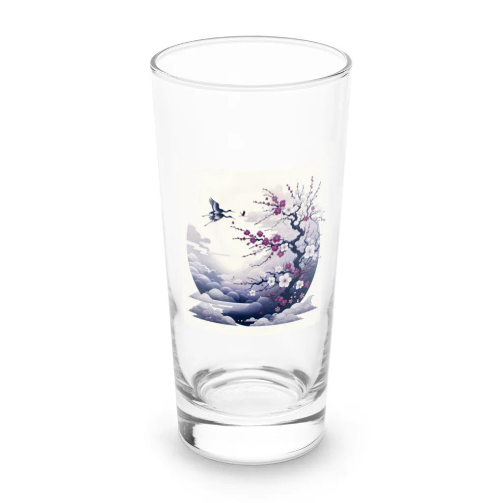 raio-nの白背景の和風夜景 - 月と梅と鶴 Long Sized Water Glass :front