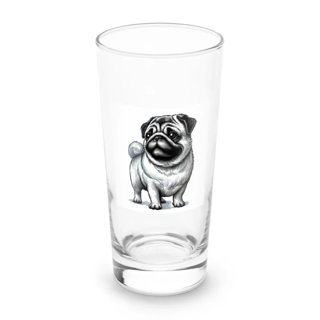 鼻ぺちゃ犬と和猫の遠くを見つめるパグ Long Sized Water Glass :front