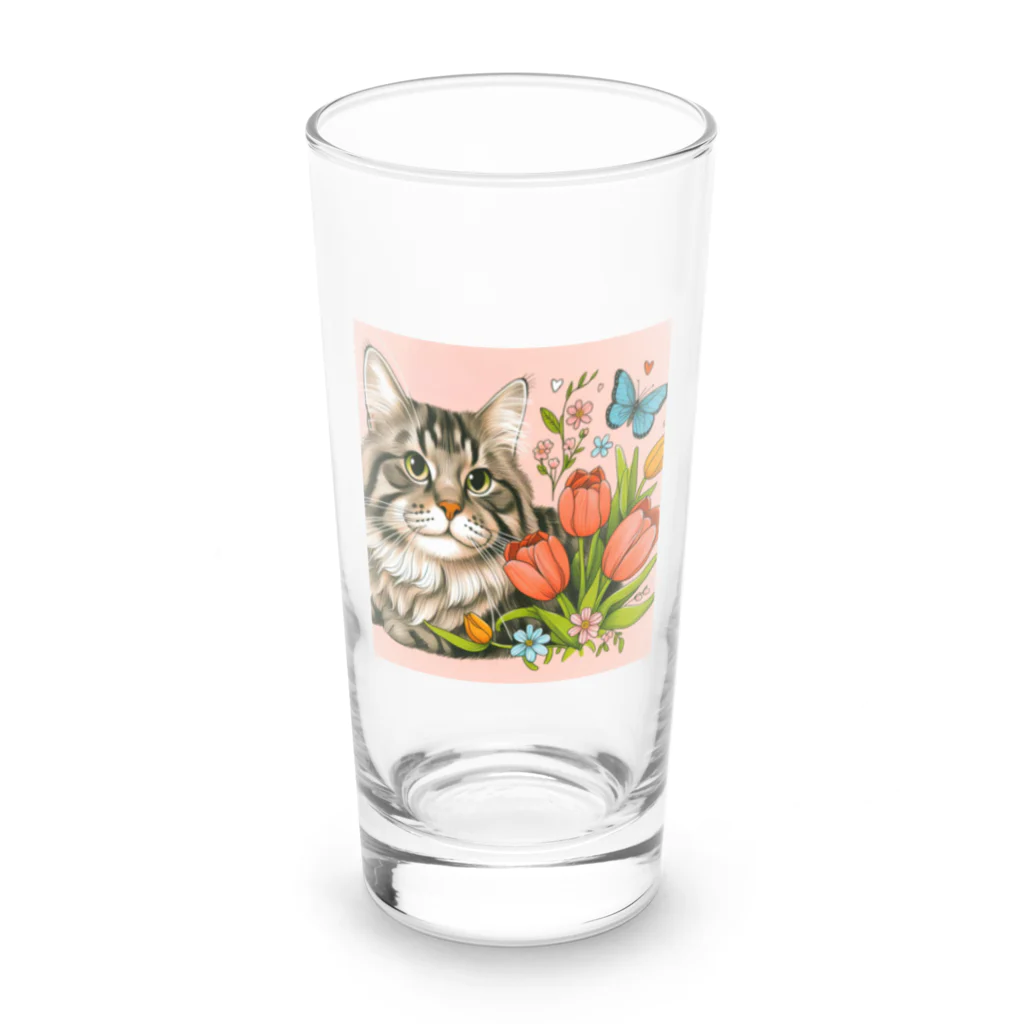 Y m @Y's shopの猫とチューリップ Long Sized Water Glass :front