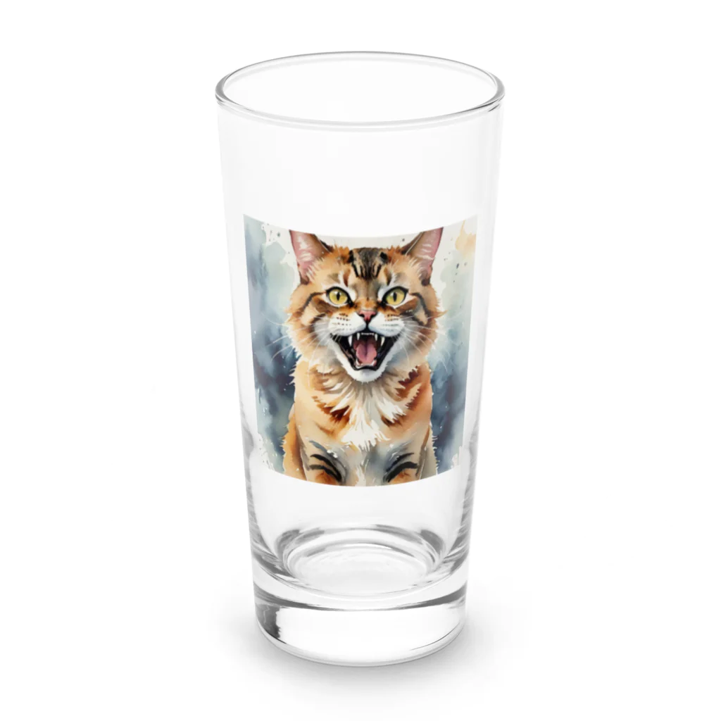 おさけふざけ＠アル中戦隊の怒った猫の表情が鮮やかに描かれた水彩画 ロンググラス前面
