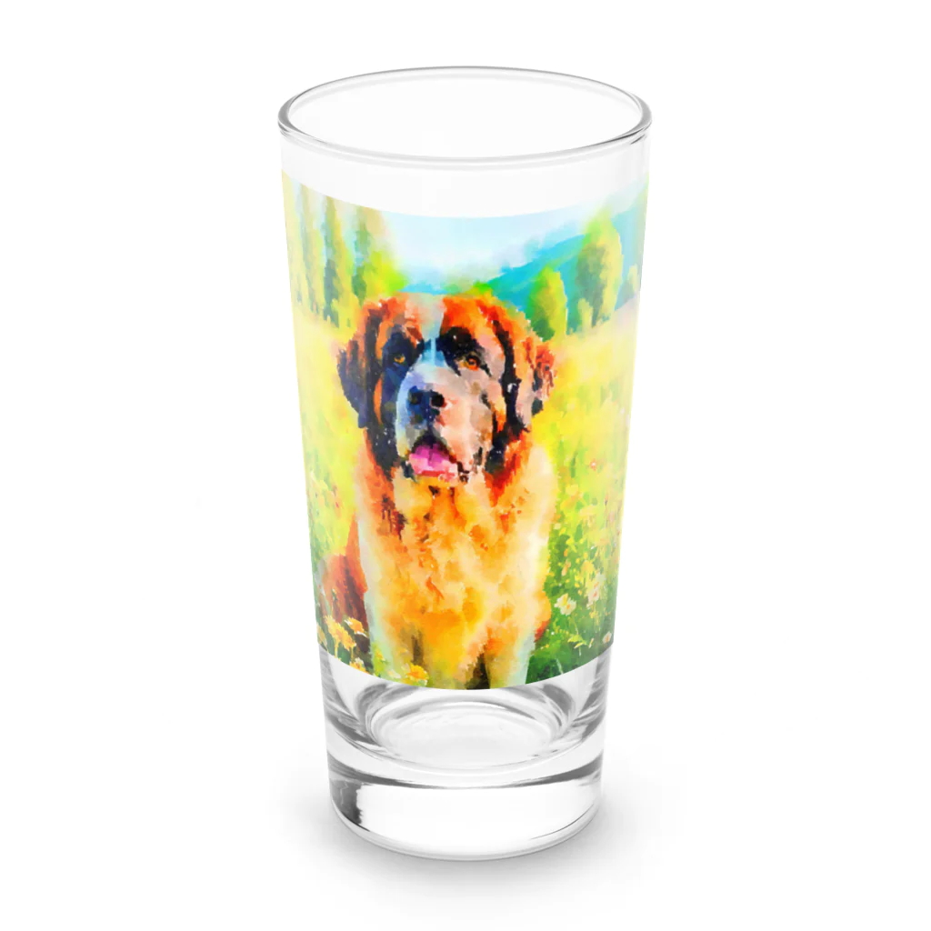 犬好きのしましまの水彩画の犬 花畑のセントバーナードのイラスト Long Sized Water Glass :front