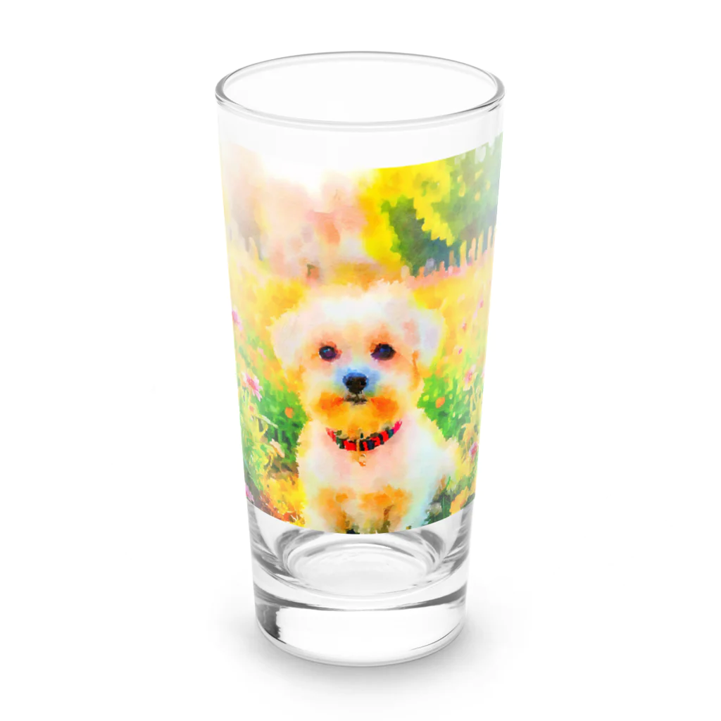犬好きのしましまの水彩画の犬 花畑のマルチーズのイラスト Long Sized Water Glass :front