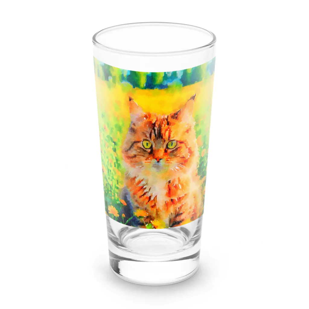 猫好きの谷の猫の水彩画/花畑のサイベリアンねこのイラスト/キジトラネコ Long Sized Water Glass :front