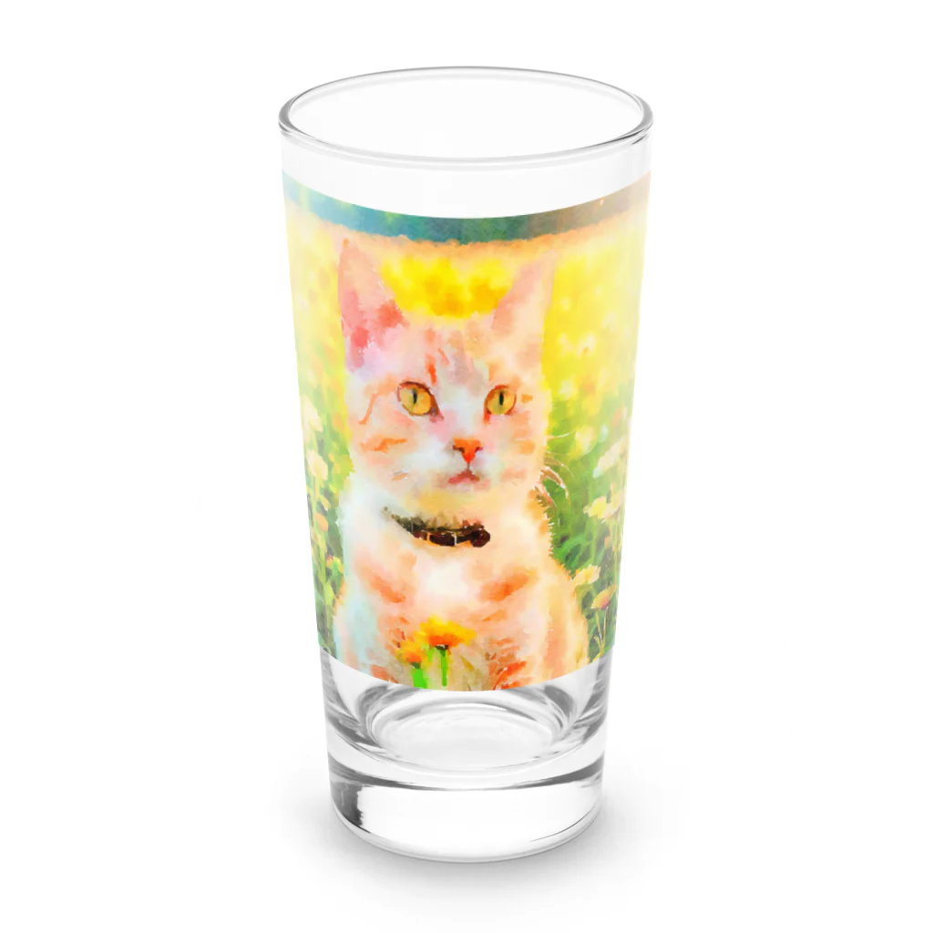 猫好きの谷の猫の水彩画/花畑のチャシロねこのイラスト/茶白ネコ Long Sized Water Glass :front