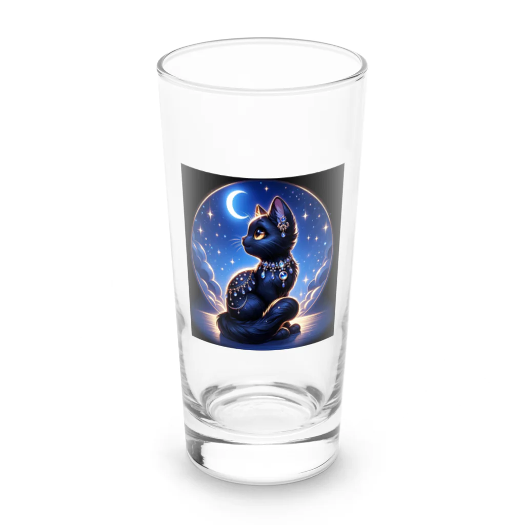 黒猫ギャラリー🐈‍⬛の三日月の煌びやかな黒猫 Long Sized Water Glass :front