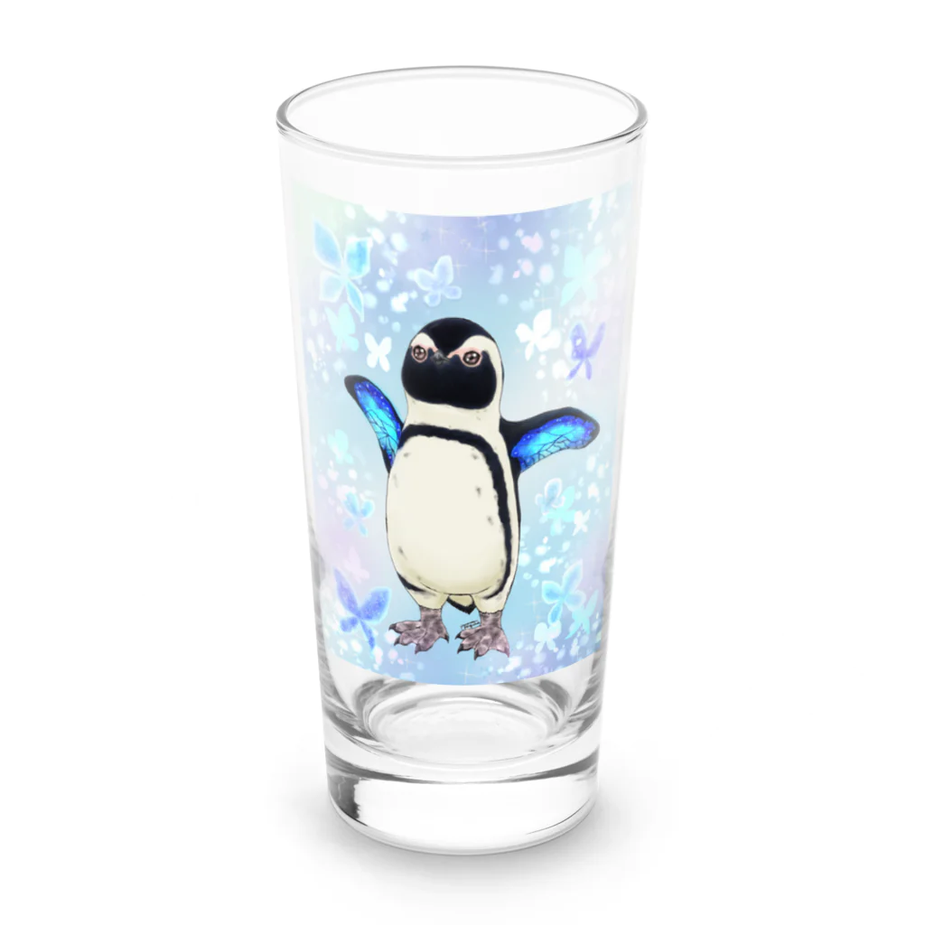 ヤママユ(ヤママユ・ペンギイナ)のケープペンギン「ちょうちょ追っかけてたの」(Blue) Long Sized Water Glass :front