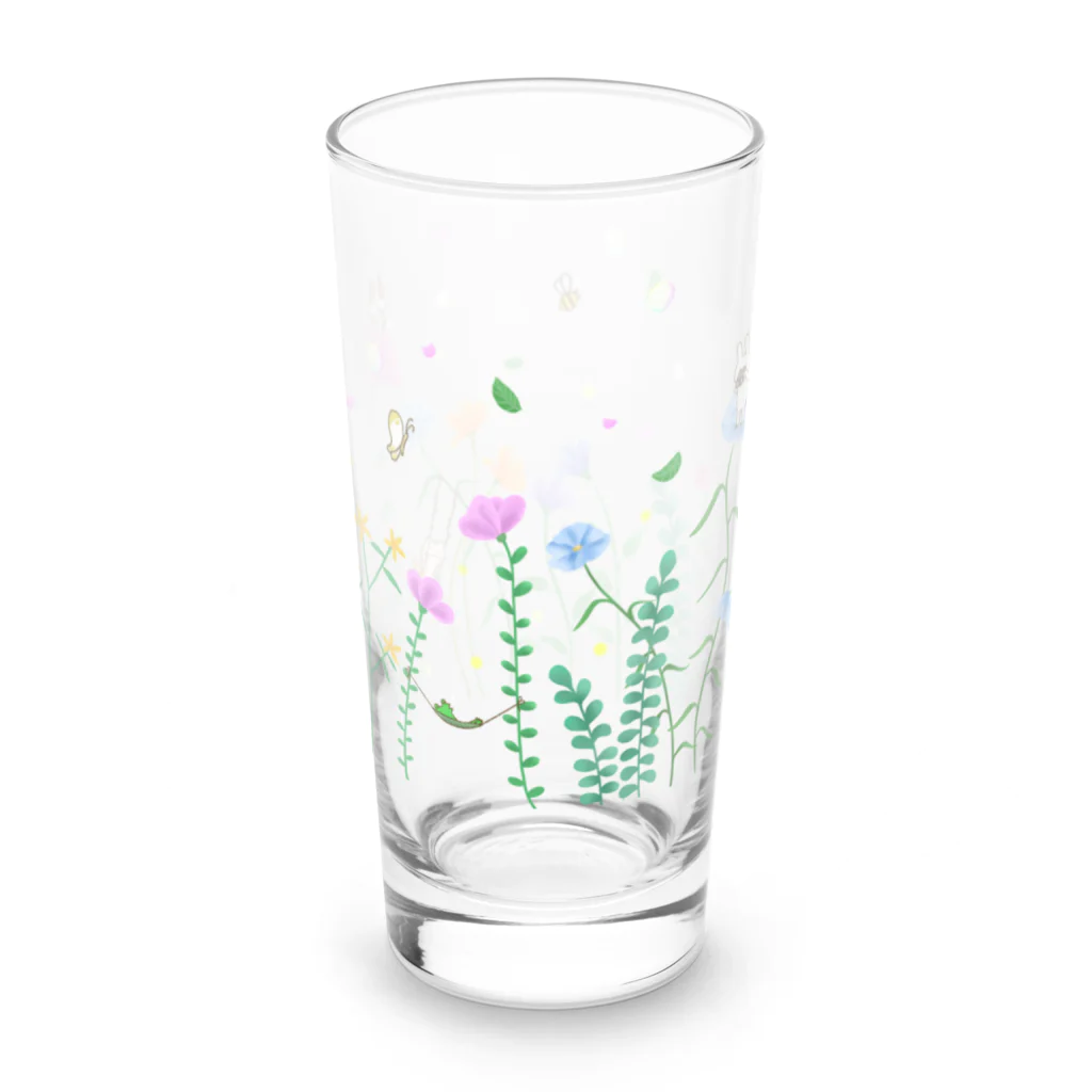 カワラリマーの花畑で春風と遊ぶ仲良しトリオたち Long Sized Water Glass :left