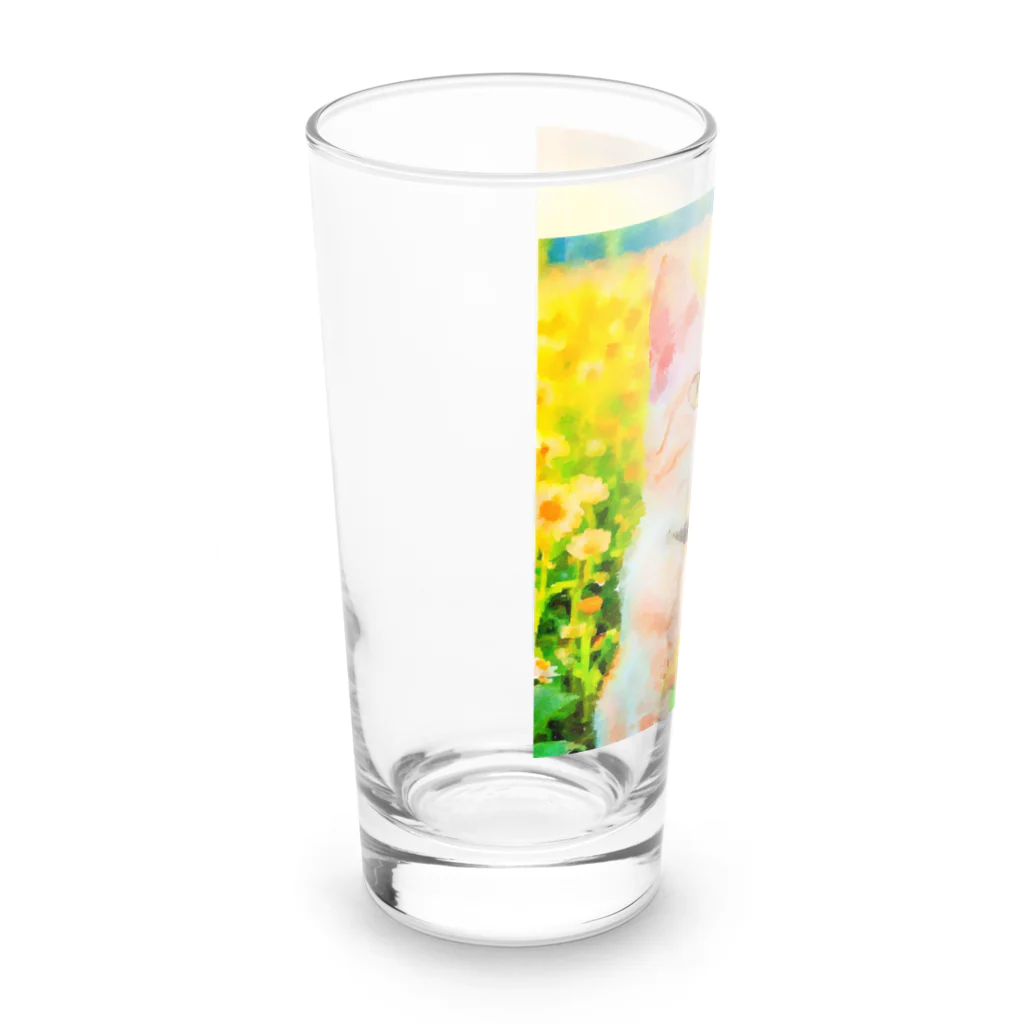 猫好きの谷の猫の水彩画/花畑のチャシロねこのイラスト/茶白ネコ Long Sized Water Glass :left