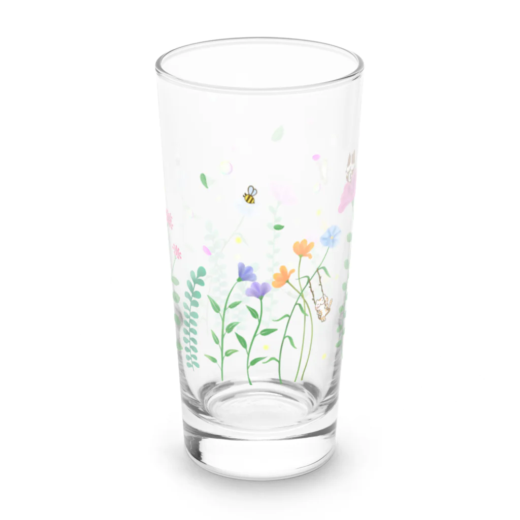 カワラリマーの花畑で春風と遊ぶ仲良しトリオたち Long Sized Water Glass :right