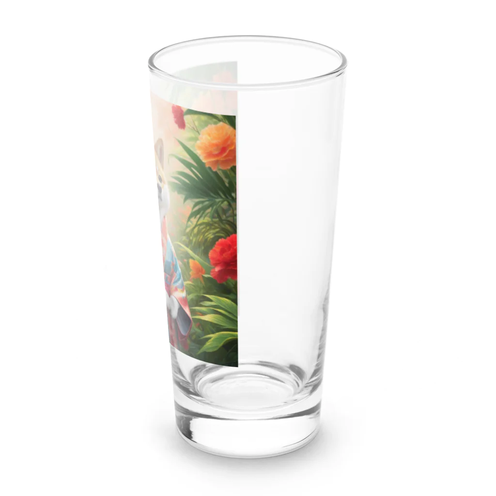 ポンキチはうすの花に囲まれた着物姿の柴犬 Long Sized Water Glass :right