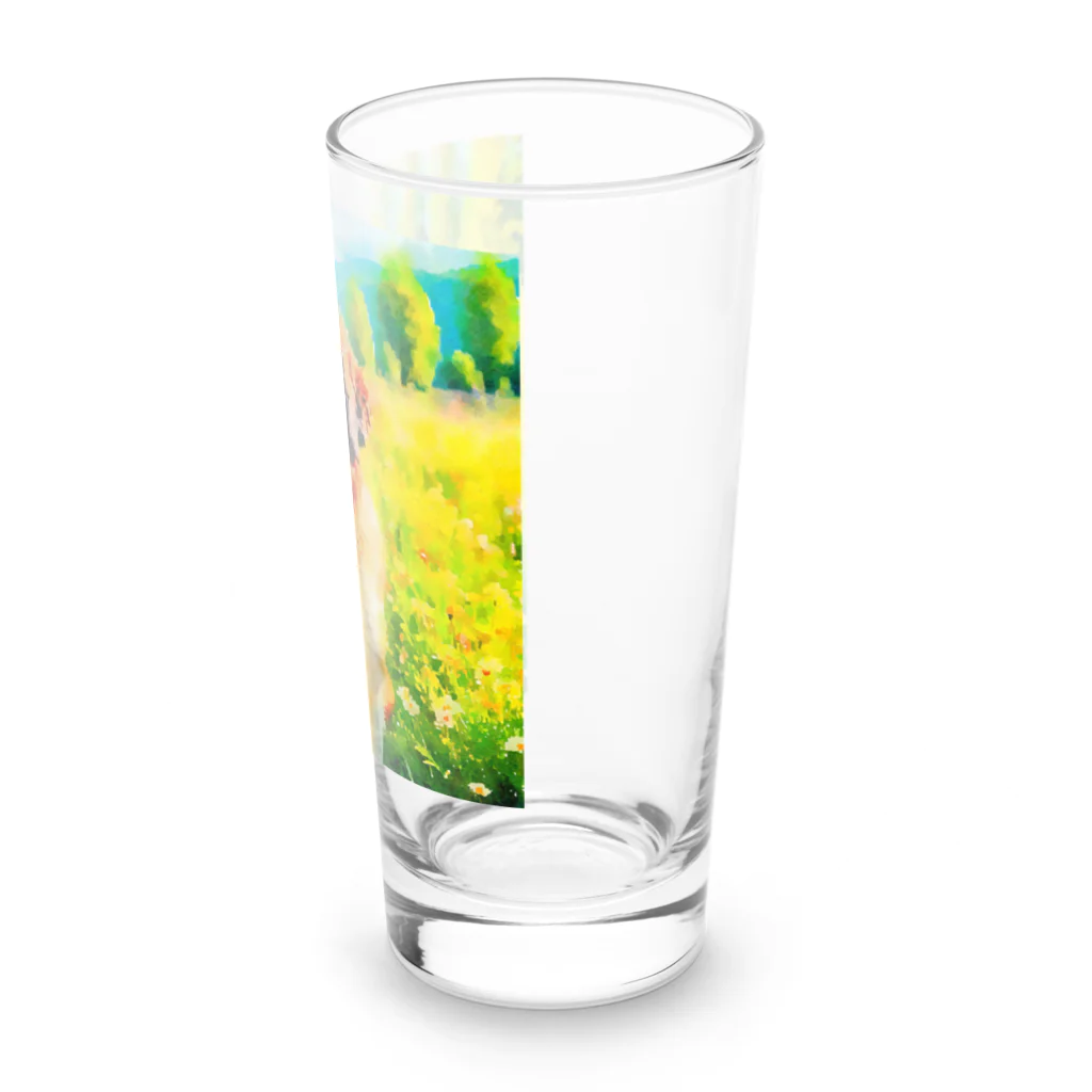 犬好きのしましまの水彩画の犬 花畑のセントバーナードのイラスト Long Sized Water Glass :right