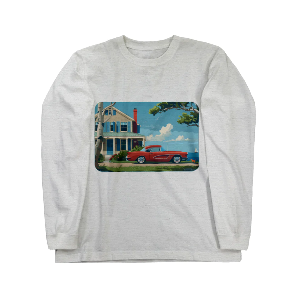 MistyStarkの赤いコルベットと海辺の家　－　red corvette and seaside house　－ ロングスリーブTシャツ