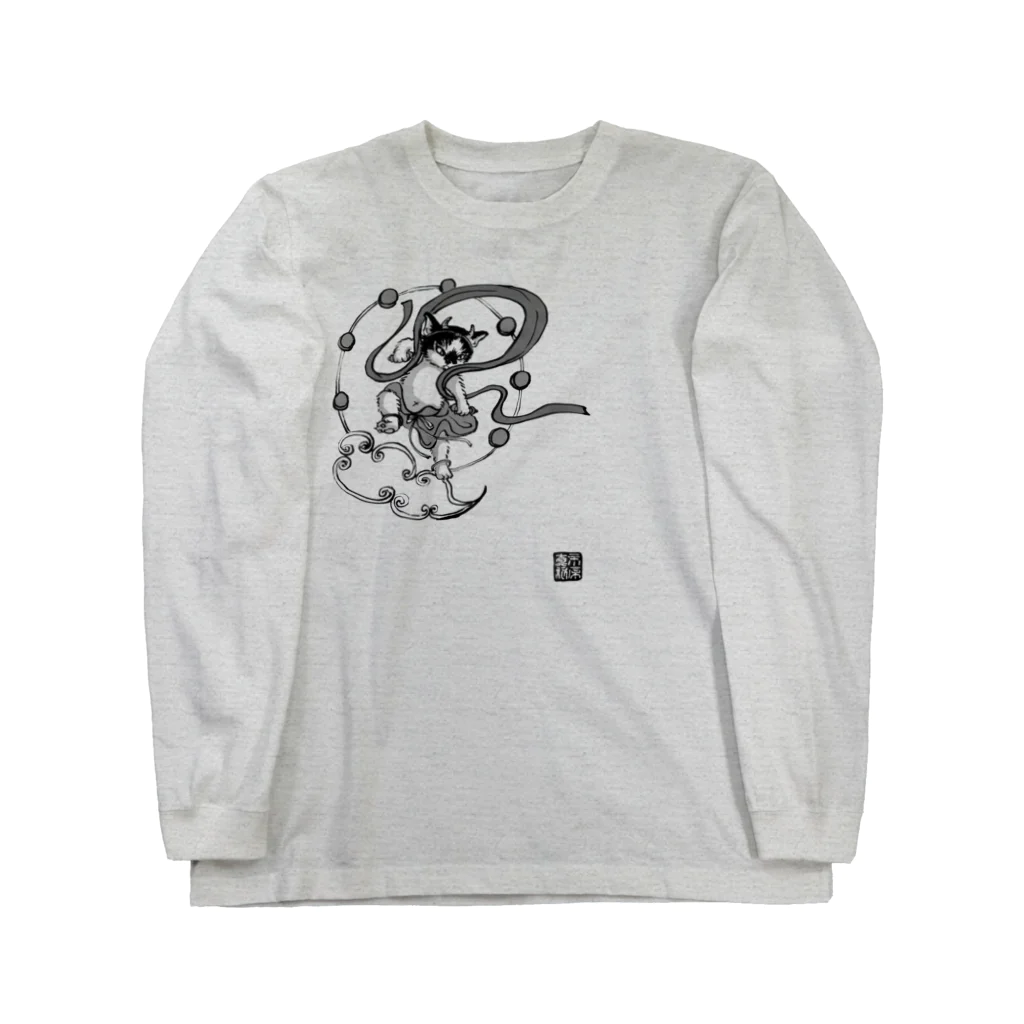 もけけ工房 SUZURI店の雷神千坊モノクロ Long Sleeve T-Shirt