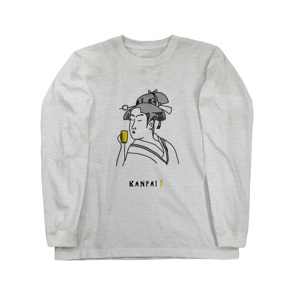 ビールとアート TM-3 Designの名画 × BEER（美人画）黒線画 Long Sleeve T-Shirt