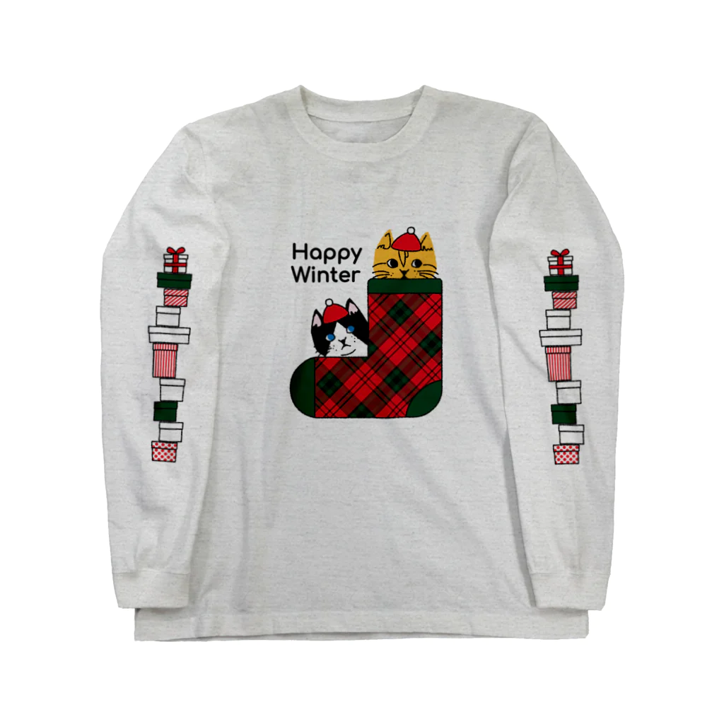 mapechiのトラネコしまお＆ハチワレはっち、happy Winter Long Sleeve T-Shirt