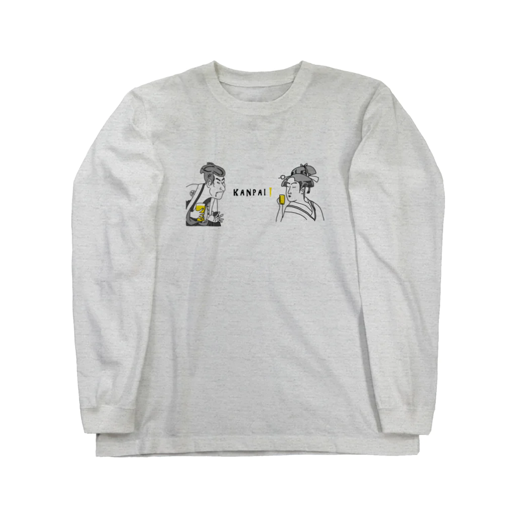 ビールとアート TM-3 Designの名画 × BEER（浮世絵男女）黒線画 Long Sleeve T-Shirt