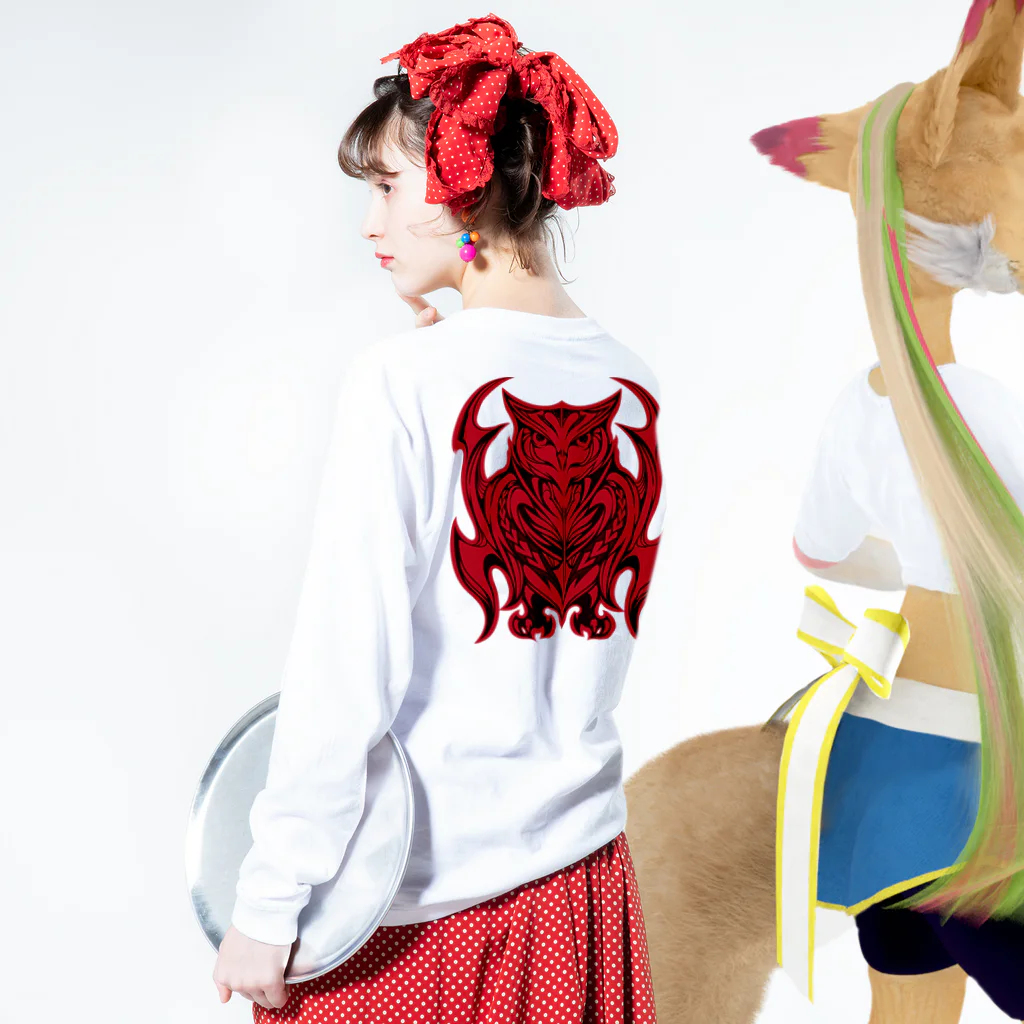 Tribal 70 Designのミミズク（フクロウ）① Long Sleeve T-Shirt :model wear (back, sleeve)