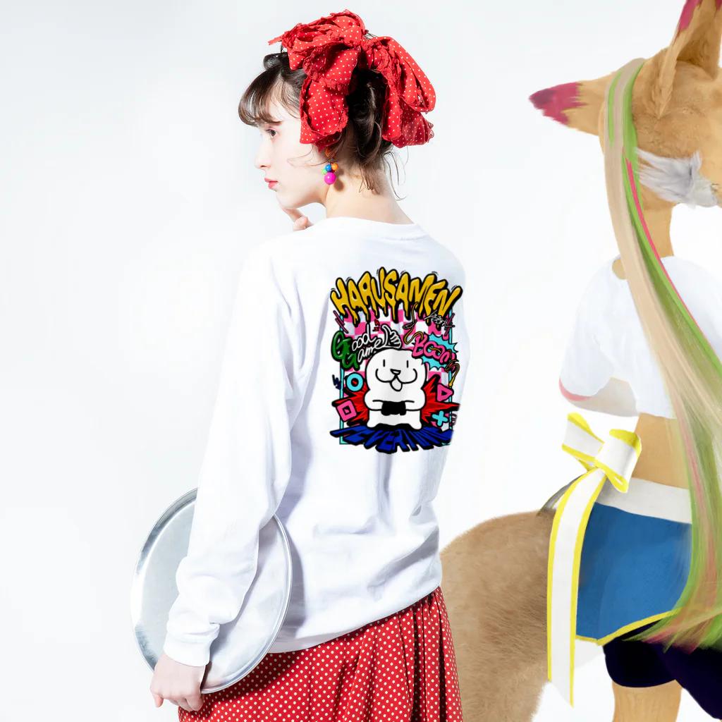 はるさめんのお店のゲーミングはるさめんTシャツ(黒) Long Sleeve T-Shirt :model wear (back, sleeve)