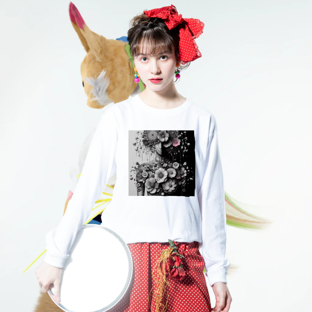 くろぼんの花と女性 ロングスリーブTシャツの着用イメージ(表面)