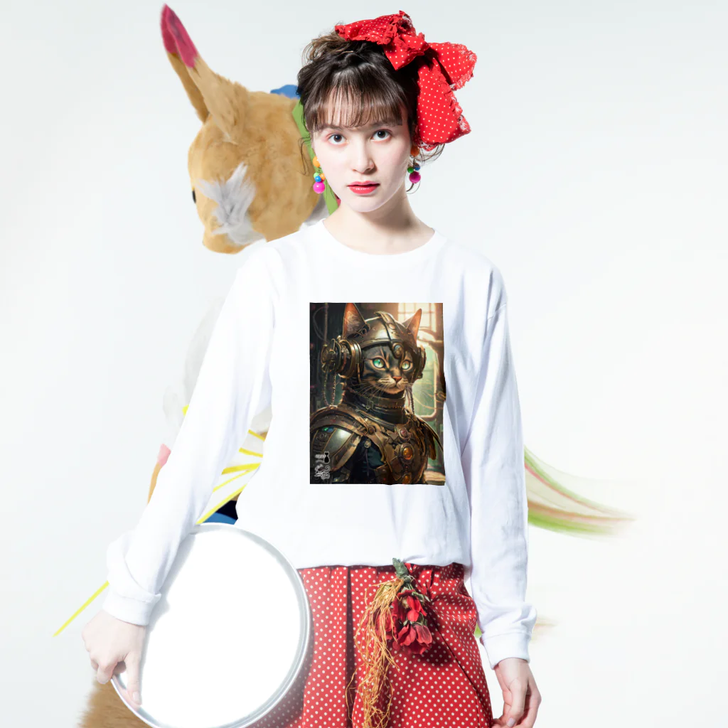 NyaoTokyoのスチームパンクな世界の王国騎士団の猫騎士 Long Sleeve T-Shirt :model wear (front)
