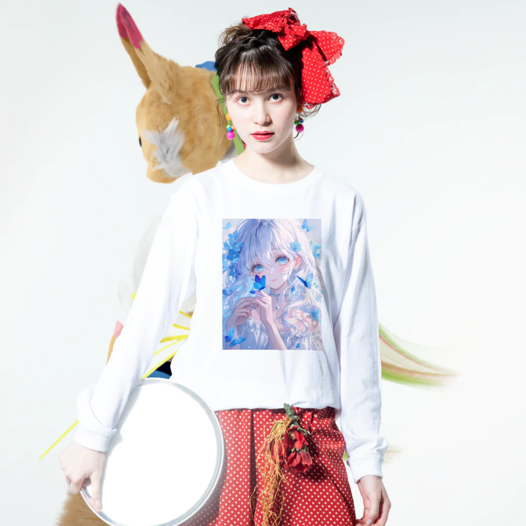 AIアートのお店ですの青い蝶と少女 Long Sleeve T-Shirt :model wear (front)