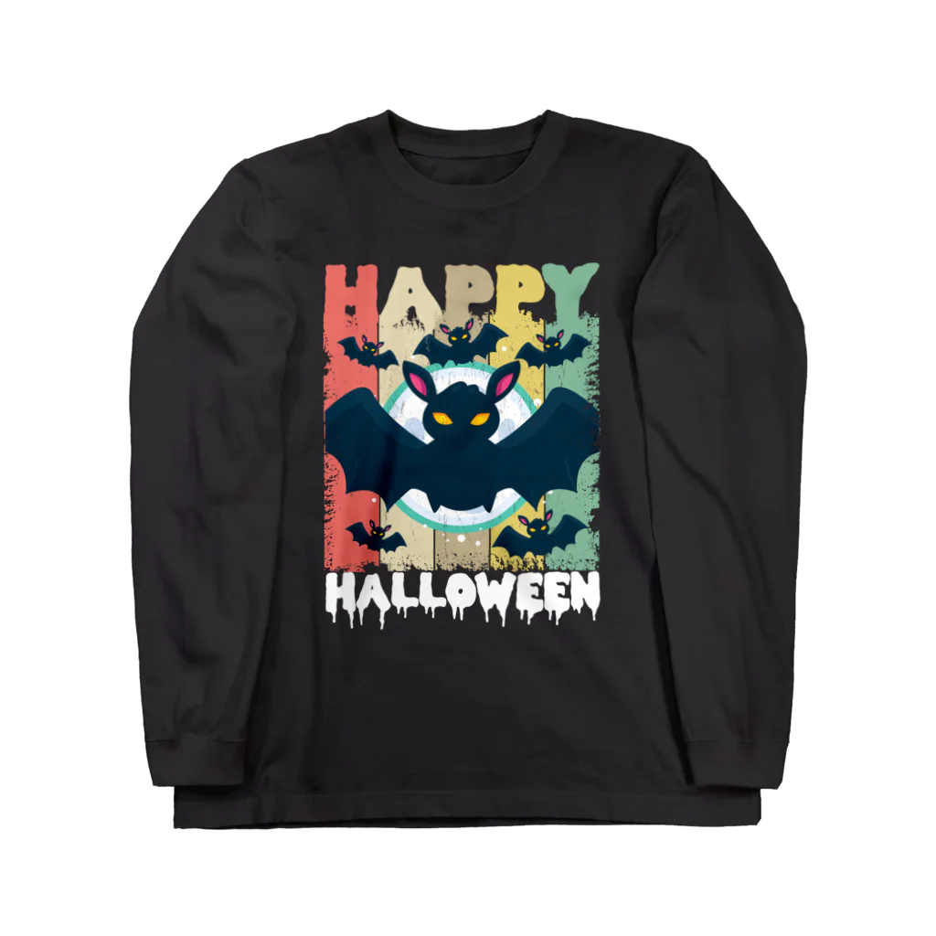 kawaiitopsのHappy Halloween Bats Retro Background ロングスリーブTシャツ