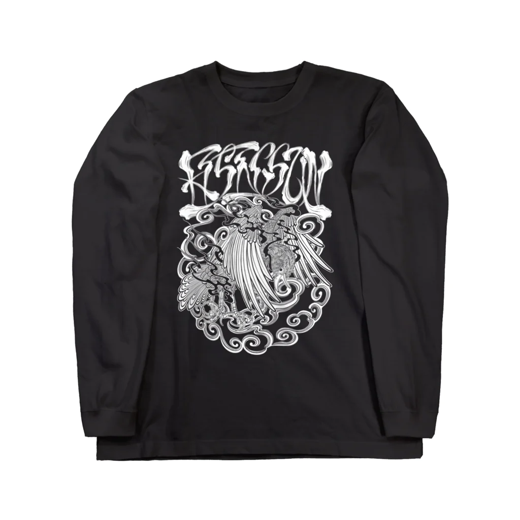 Y's Ink Works Official Shop at suzuriのRising sun Crow (White Print) Long Sleeve T-Shirt