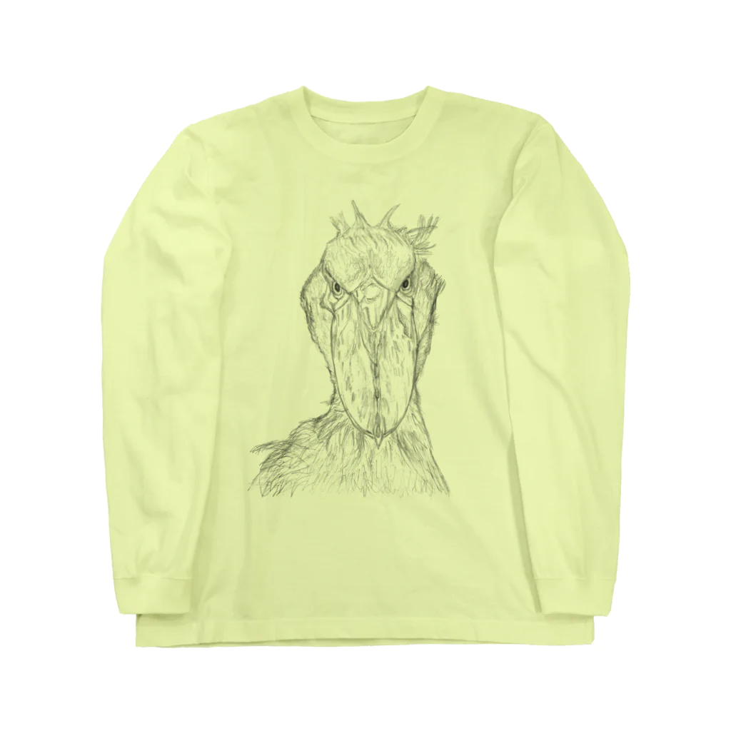 森図鑑の[森図鑑] ハシビロコウの顔 鉛筆画 Long Sleeve T-Shirt