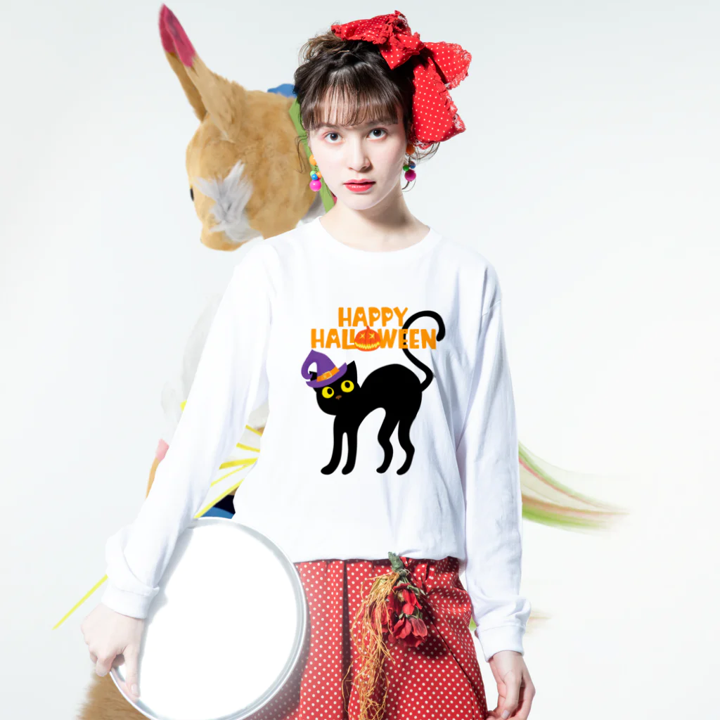 ねこふんじゃダメの魔女っ子猫のハッピーハロウィン ロングスリーブTシャツの着用イメージ(表面)