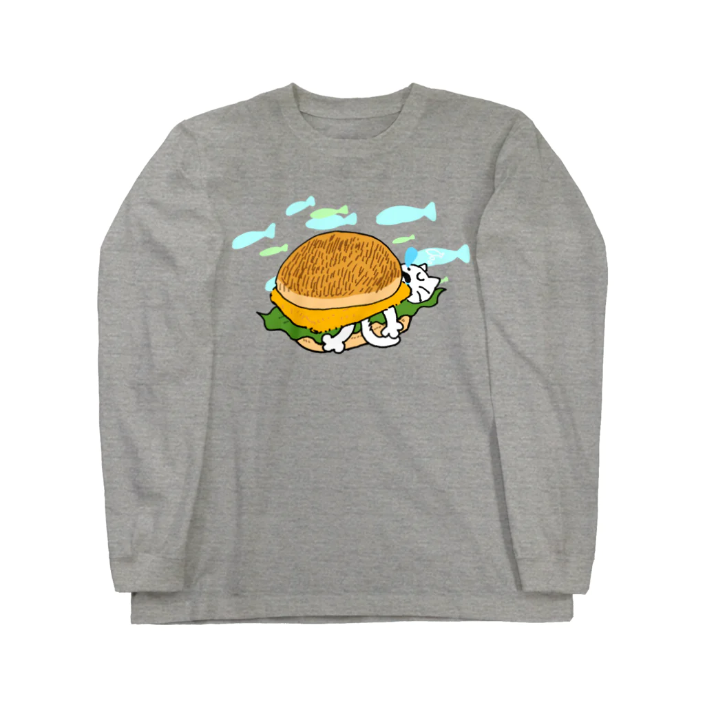 あめ屋のお魚バーガーでスヤな猫 ロングスリーブTシャツ