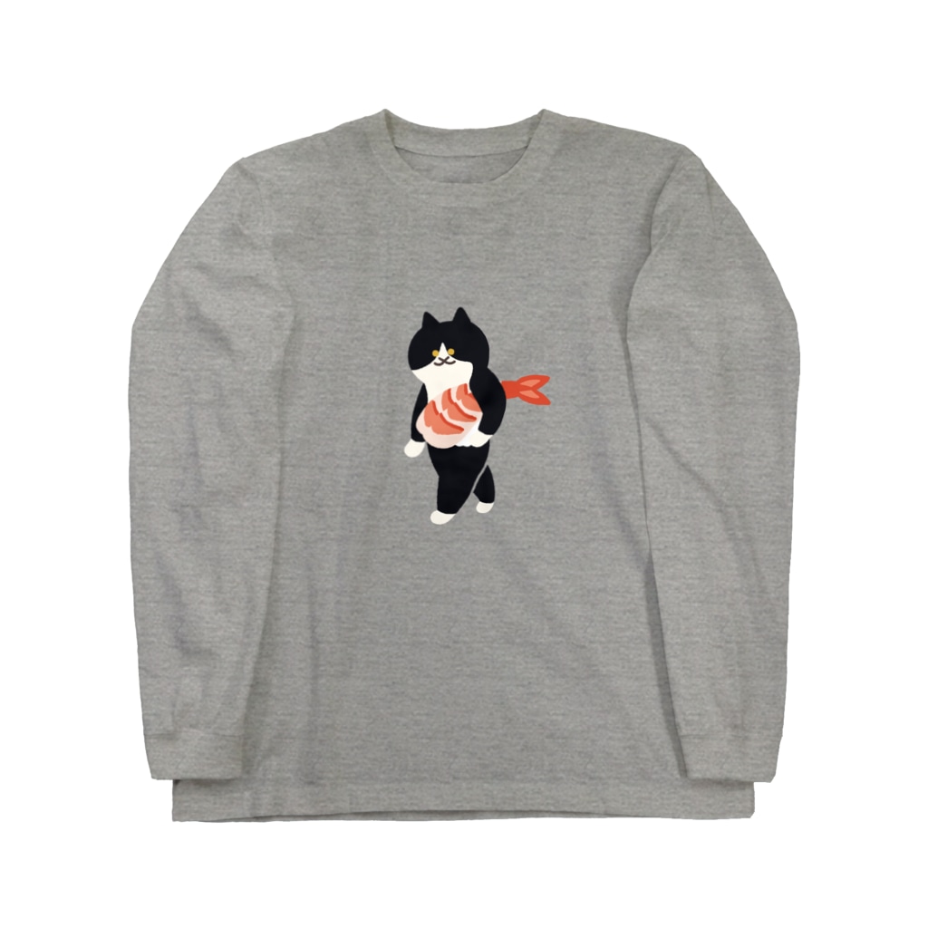 SUIMINグッズのお店の【中】海老の握り寿司を機嫌よく運ぶねこ Long Sleeve T-Shirt