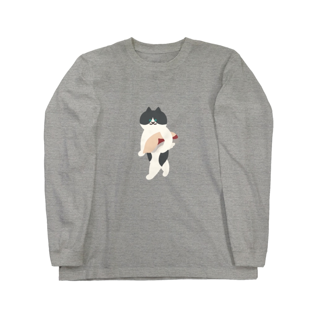 SUIMINグッズのお店の【中】はまちの握り寿司を前のめりに運ぶねこ Long Sleeve T-Shirt